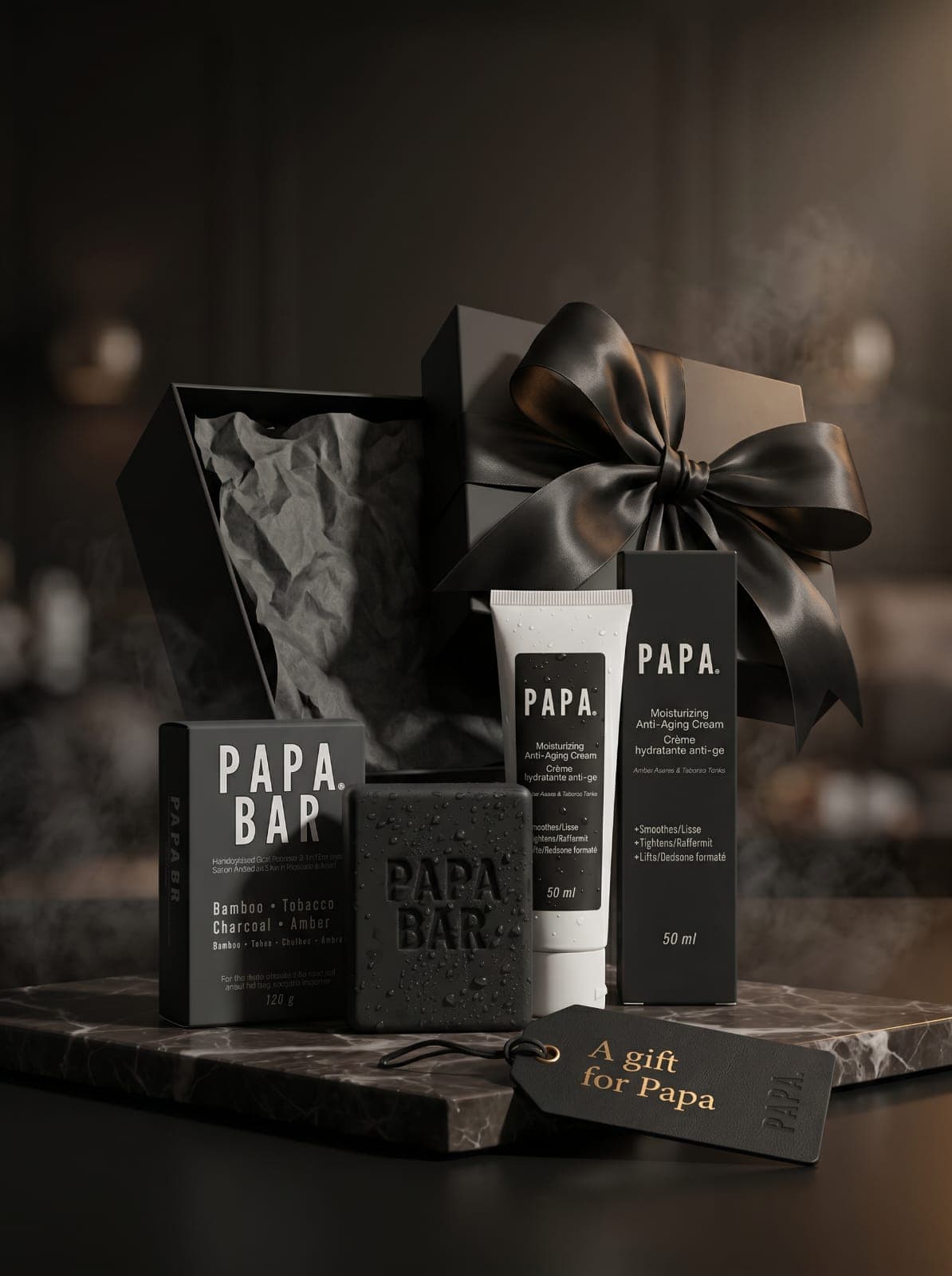 The PAPA gift set: PAPA Bar soap, anti-aging cream and keepsake gift box with ribbon