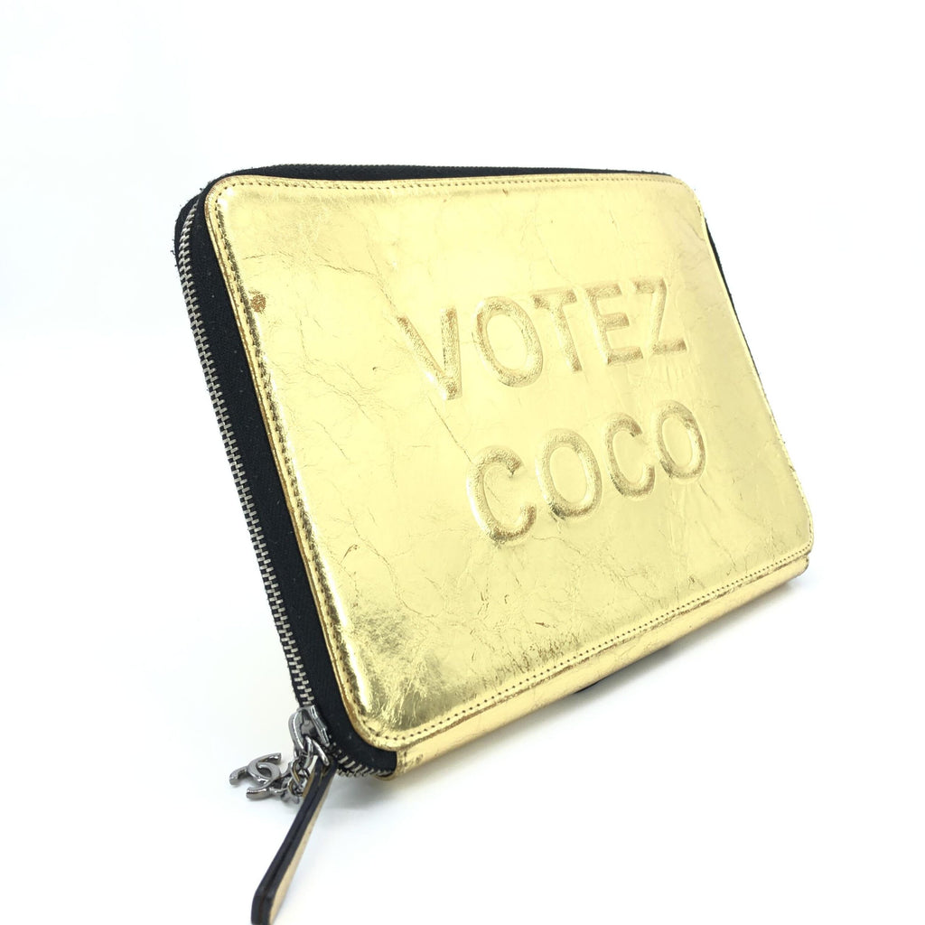 Chanel Gold Tone Votez Coco Zip Clutch