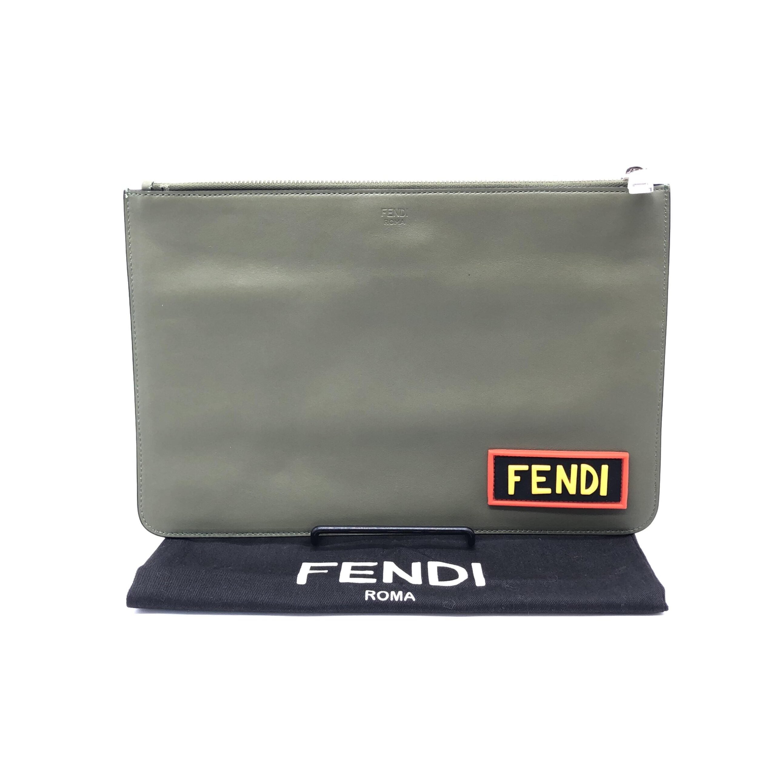 Fendi Moss Green Leather Clutch With Logo