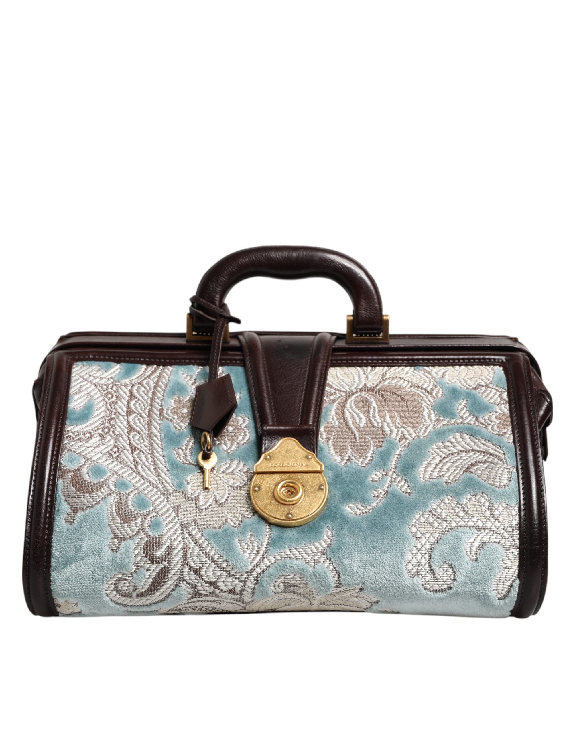 Dolce & Gabbana Blue Brown Leather Floral Jacquard Travel Handbag Bag